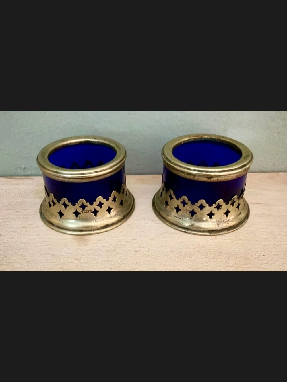 Vintage Cobalt Blue Glass Open Salts With EPNS, Pierced Silver Plate Holder